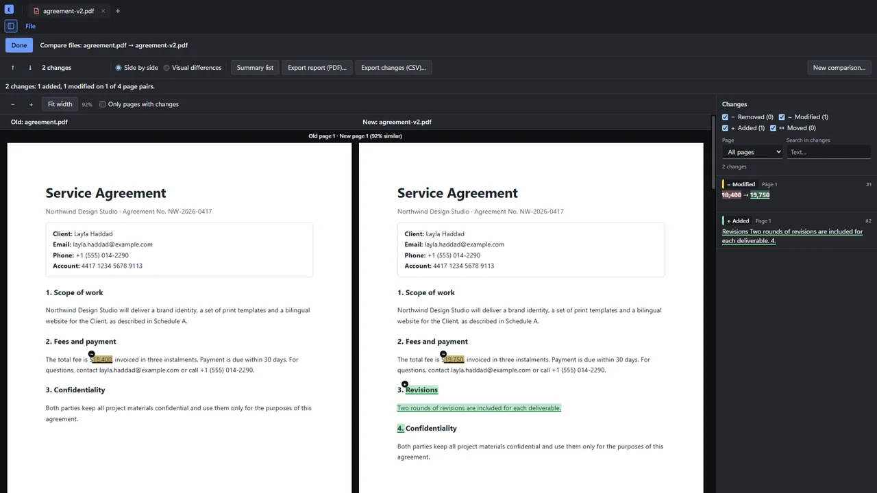 Two versions of an agreement side by side with the changes listed