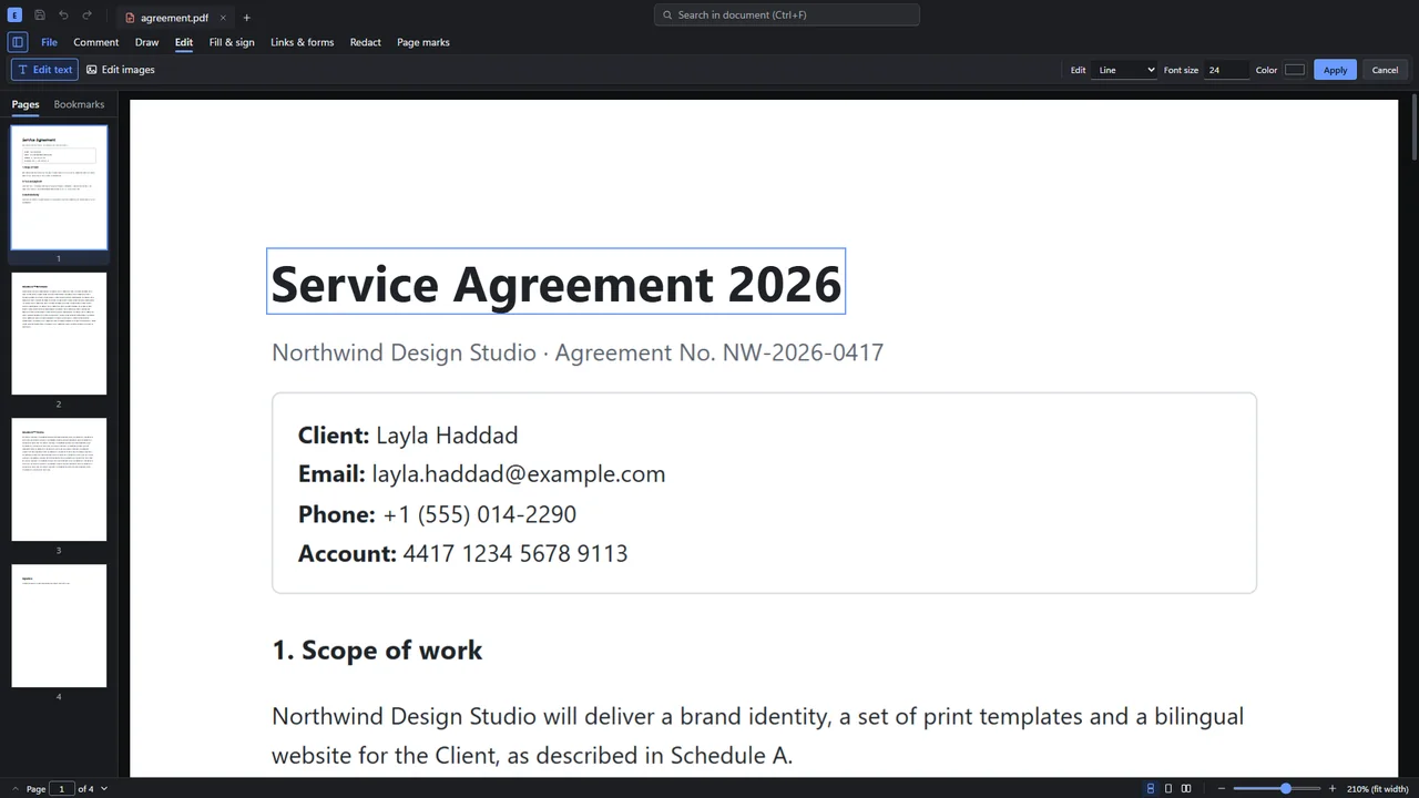 Epdf editing the title of a service agreement in place, with page thumbnails on the left and the Edit toolbar above the page