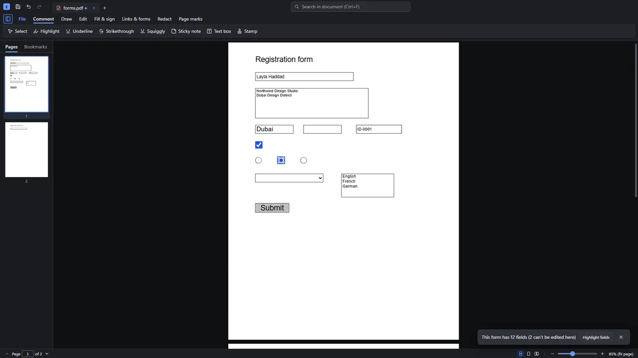 A registration form being filled in, with text fields, a ticked box and a selected option