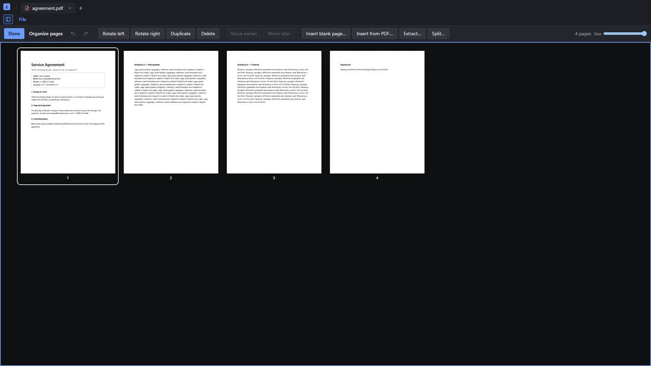 The Organize pages view with four pages of an agreement and tools to rotate, duplicate, insert, extract and split
