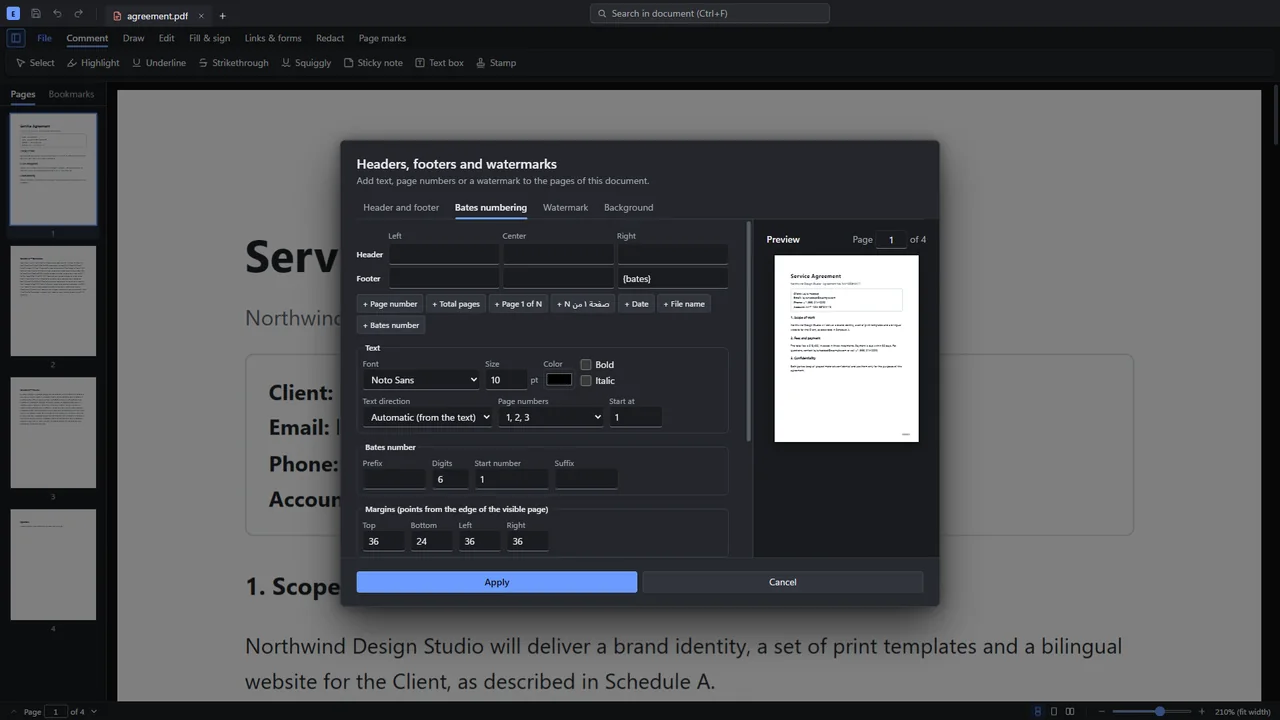 Headers, footers and a watermark with a live preview of the page